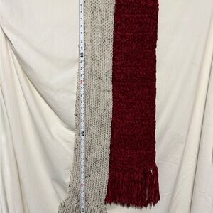 Handmade Set of two Fringe Scarfs. One Red 63” and One Tan 78”